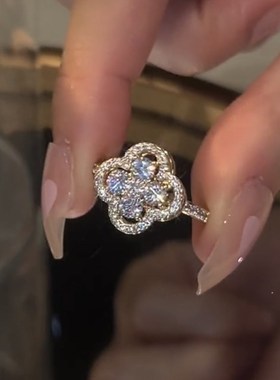 韩版微镶四叶花锆石花朵可转动y女式食指戒指环轻奢小众开口可调