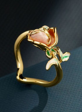 甜美优雅玫瑰花开口戒指女超仙油画风花园系列食指戒复Z古精致指