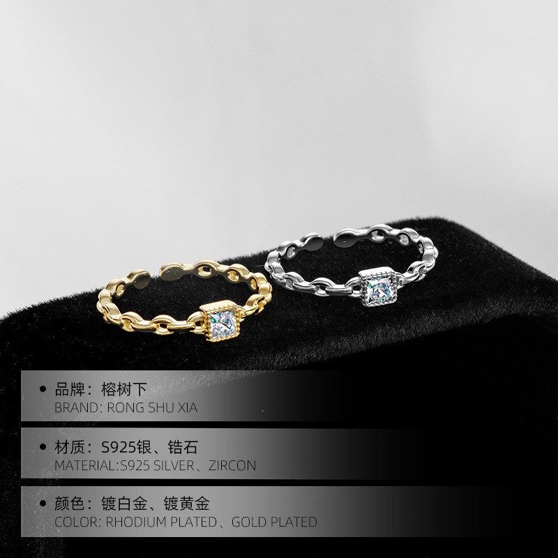 S925银简约小方糖链条戒指女小众轻奢开P口食指环ins潮指戒