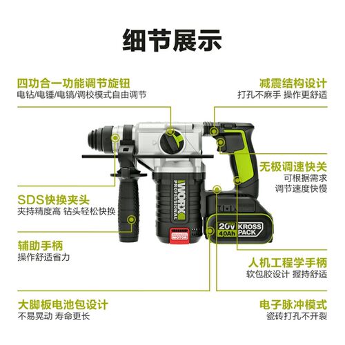 威克士388中型电锤电镐4功能 锤 镐 钻 调校 无刷电机安全离合