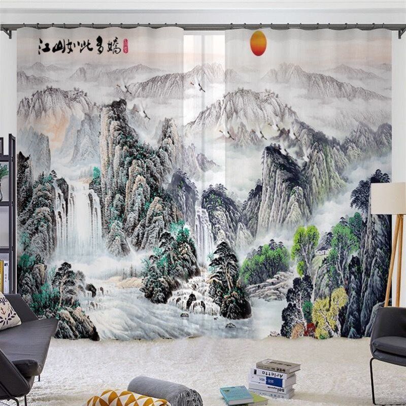 新中式窗帘高档客厅卧室遮光布料中国风水墨山水画窗帘定制成品