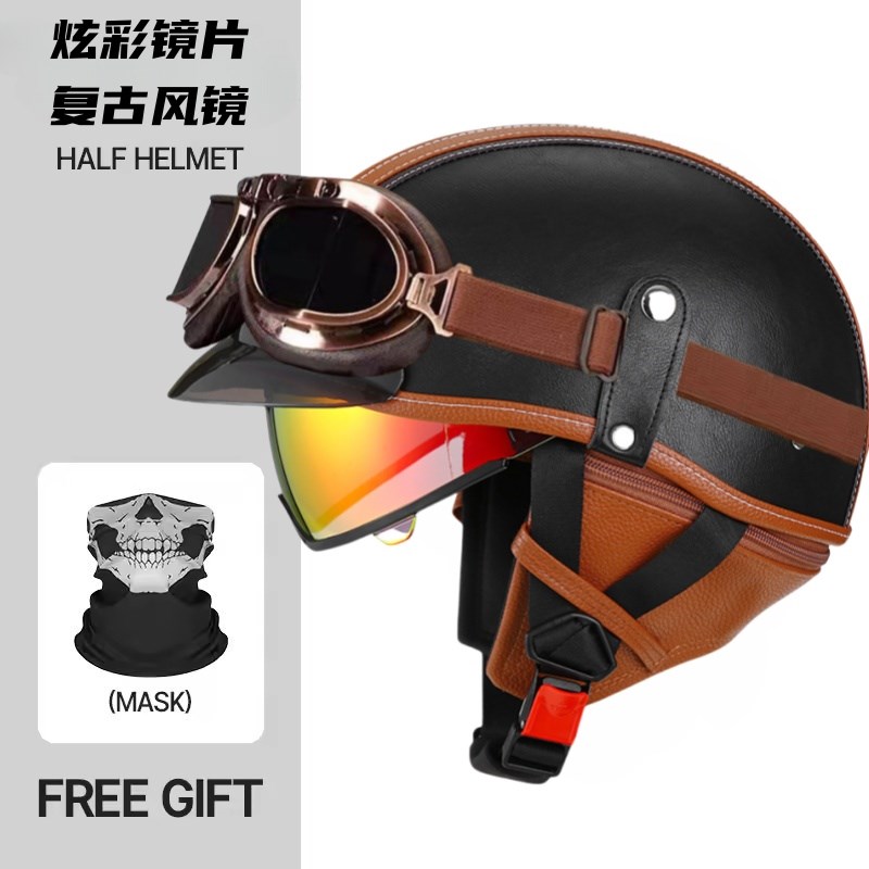 新国标巡航皮质摩托车复古头盔男女夏四季机车半盔电动车日式瓢盔