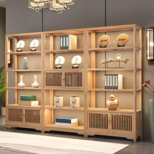 新中式白蜡木博古架书架茶具置物架实木收纳柜简约古董书柜多宝阁