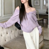 胖mm紫色大翻领双链头毛衣开衫 春秋2026慵懒保暖显瘦针织外套 790