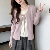 胖mm撞色假两件长袖 针织衫 女春秋2026新款 大码 系带别致短上衣 705