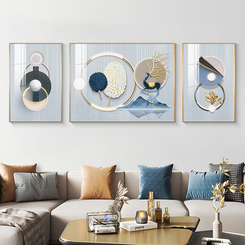 高端轻奢三联画十字绣2023新款线绣客厅手工刺绣简约现代发财麋鹿