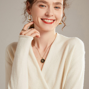 23秋冬新款 女套头落肩显瘦针织打底 交叉裹胸V领纯喀什米尔羊毛衫