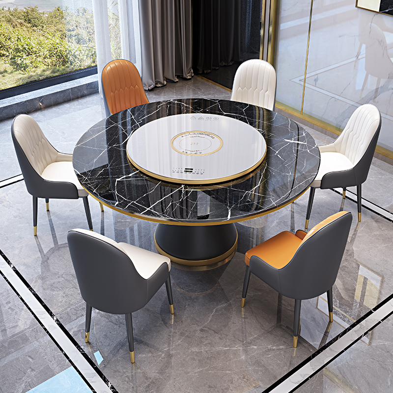 岩板餐桌家用圆桌10人带加热保温转F盘电动电磁炉火锅桌暖菜板简