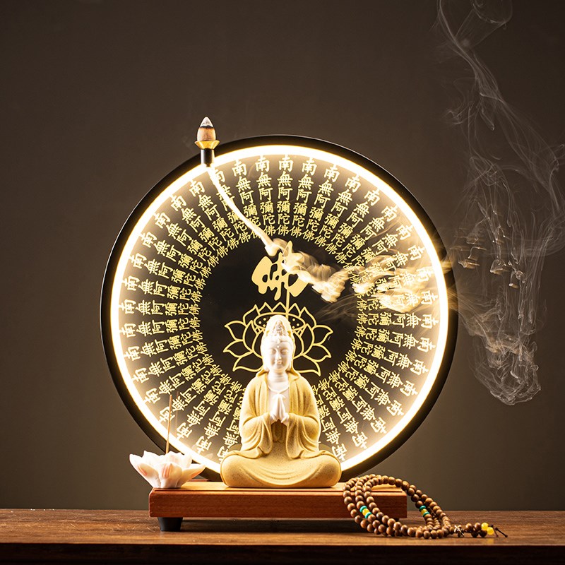 陶瓷观音菩萨倒流香炉双手合十观音摆件办公室灯圈V观音娘娘香薰