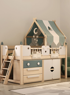 [官方正品】ABC绿野仙踪半高床儿童实木床组合童趣帐篷1.2M树屋床