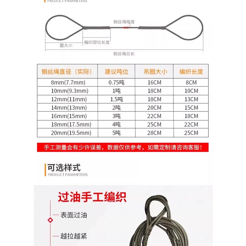 手工插编钢丝绳油性双l扣吊索具起重工具钢丝绳12/14/16/18/20mm