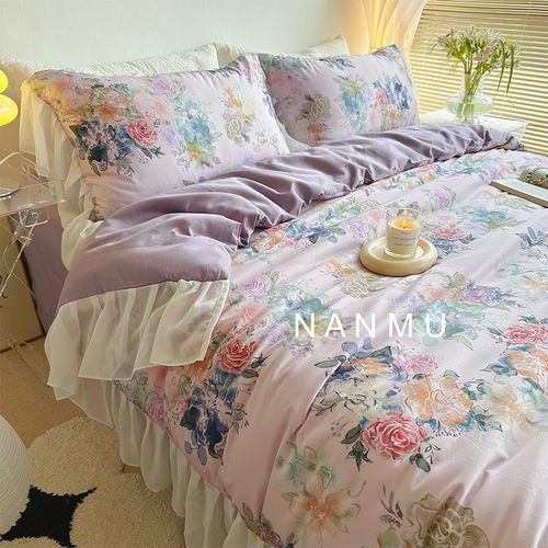 蔷薇花开复古国风浪漫紫色全棉100s长绒棉四件套雪纺纱花边被套