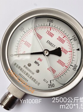 YN100BF青岛高压力表油泵清洗机油浸不锈钢耐震压力表0-250MPa