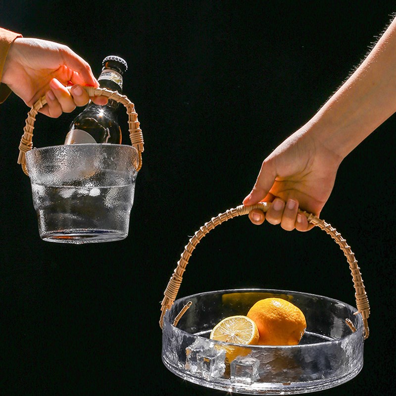 玻璃创意水晶果盘摆件轻奢风茶几高档现代家用客厅高端藤编水果篮