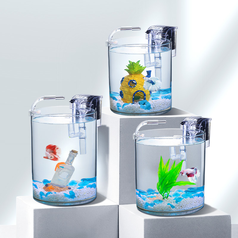 圆形鱼缸a超白玻璃桌面客厅家用小型圆柱金鱼斗鱼缸海绵宝宝造景