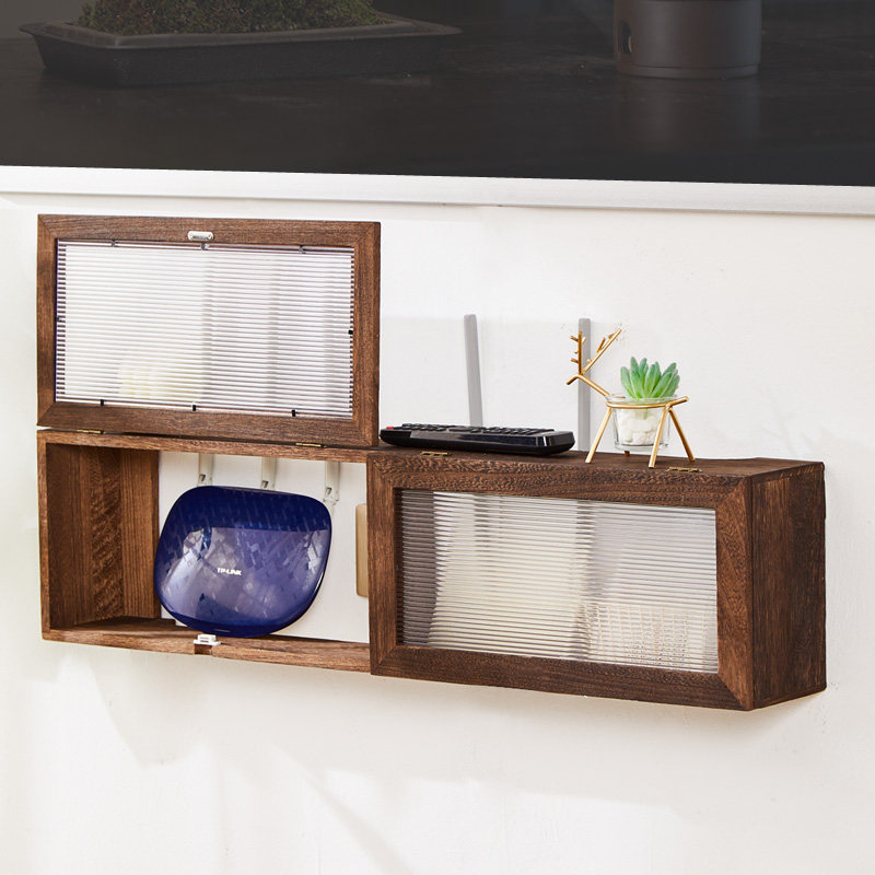 实木壁挂式无线路由器收纳盒箱wifi猫机顶盒插座插线板电源置物架