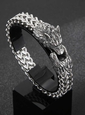 时尚个性饰品欧美潮人S92u5银霸气狼头双层铸造男款手链古巴情侣