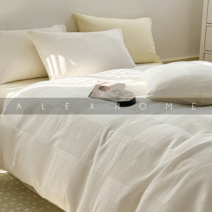 ALEX小清新全棉A类水洗棉床上四件套简约华夫格被套床单纯棉床笠