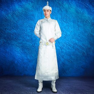 婚礼新郎民族风舞蹈演出白色礼长袍服饰定制 蒙古袍网红款 新款 男士