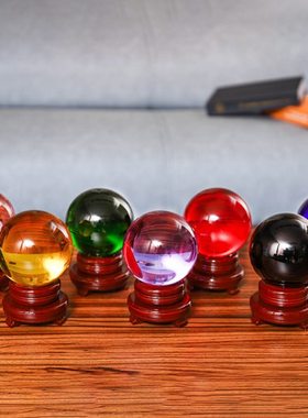 透明水晶球摆件K9黄色粉色彩色玻璃球底座内雕艺术装饰工艺品