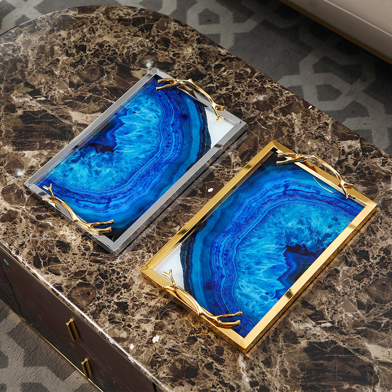 北欧玛瑙纹金属收纳金边托盘客厅玄关软装样板房玻璃茶盘创意