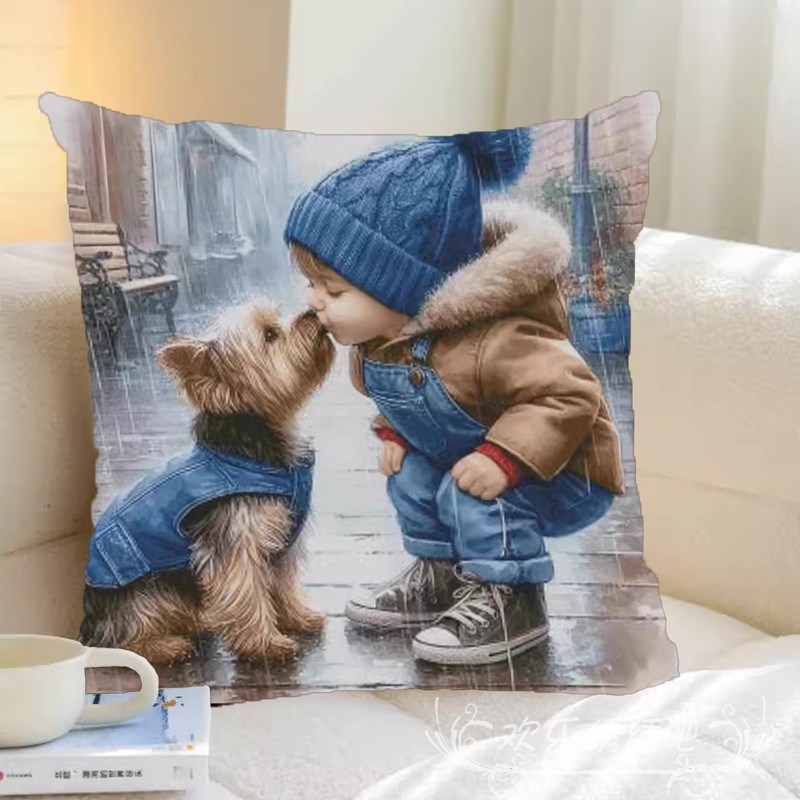 十字绣抱枕2024新款满绣亲吻小狗温馨手工精准印花三边拉链简单绣