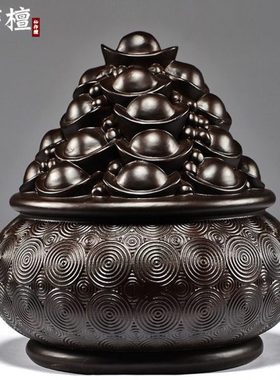 黑檀木雕聚宝盆摆件客厅实木家居玄关电视柜装饰公司店铺摆设送礼