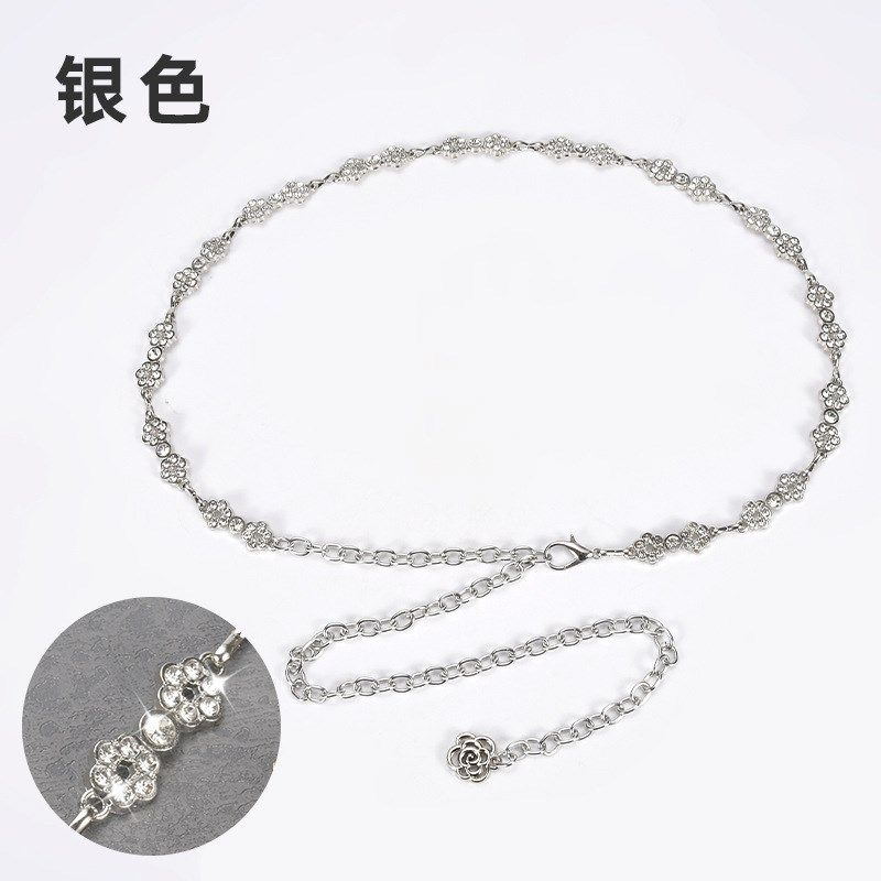 花朵镶嵌水钻装饰腰带女细金属腰链连衣裙收腰配饰裙子链条工厂