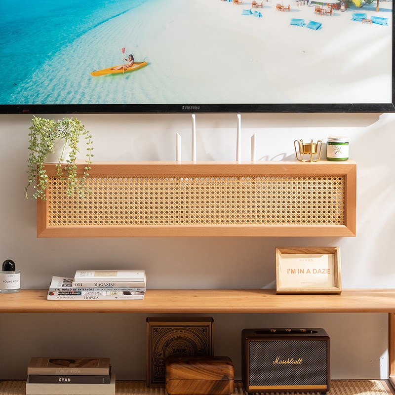 路由器收纳盒实木电线盒插线v板整理神器壁挂式wifi光猫插座遮丑