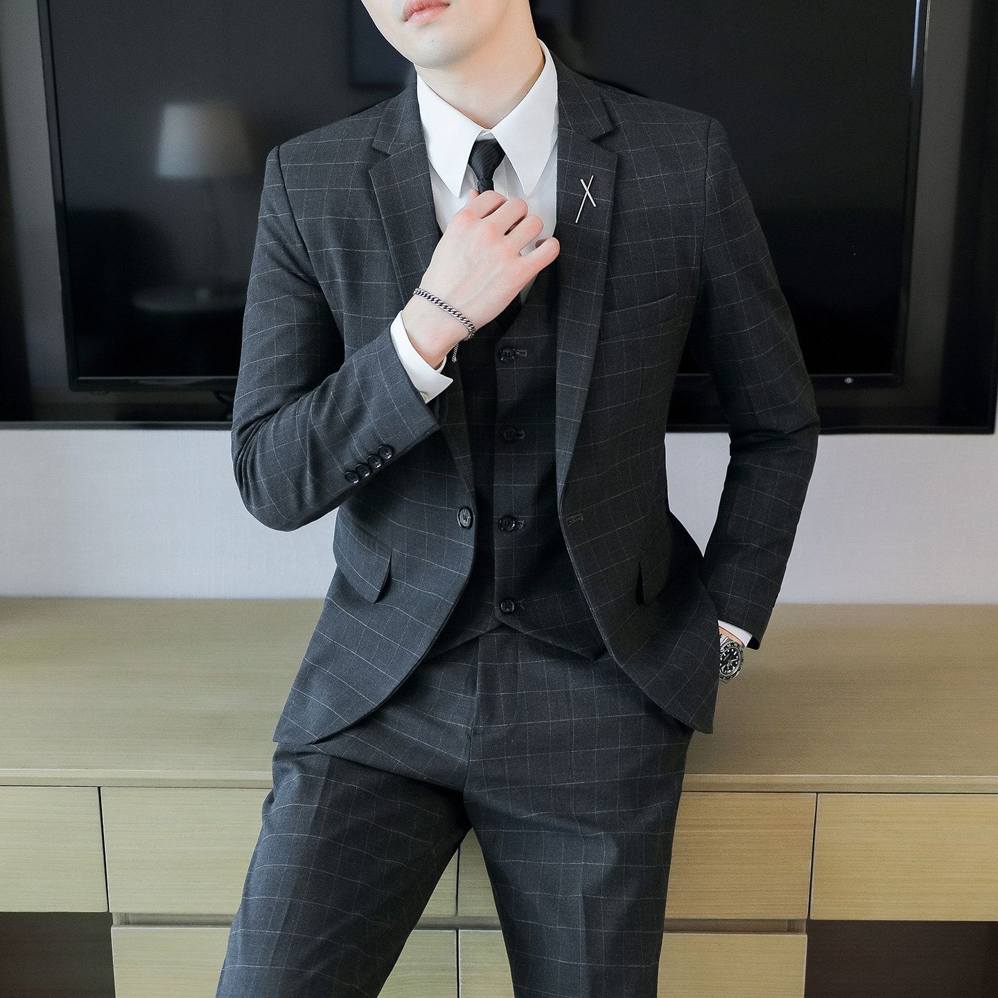 格子西服套装男士职业商务正装休闲免烫韩版修身新郎伴郎结婚礼服