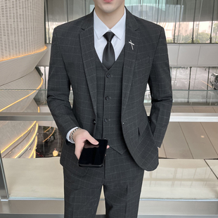 格子西服套装男青年潮流修身商务正装休闲小西装外套新郎结婚礼服