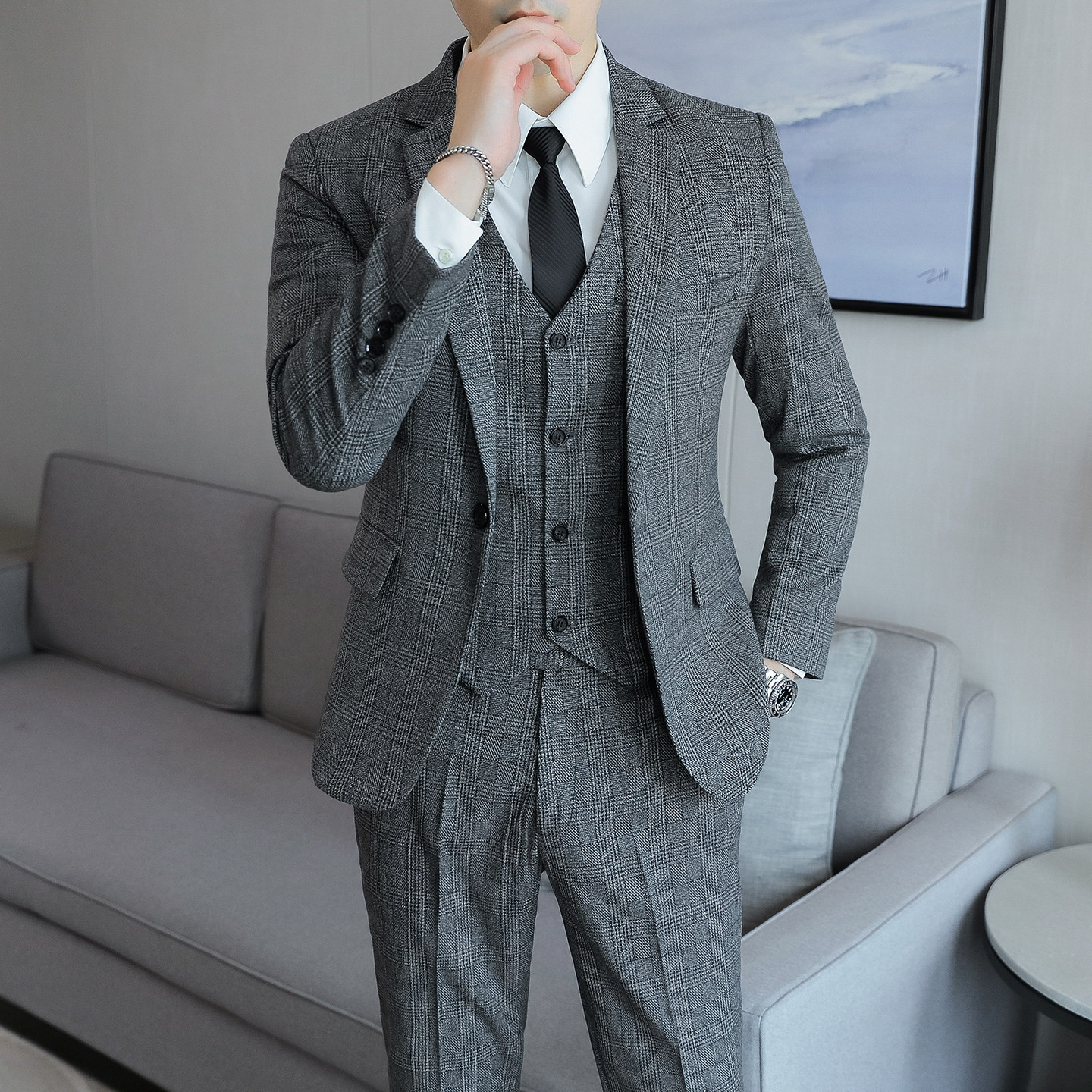 西服套装男士高级感韩版休闲新郎结婚礼服商务正装职业西装三件套