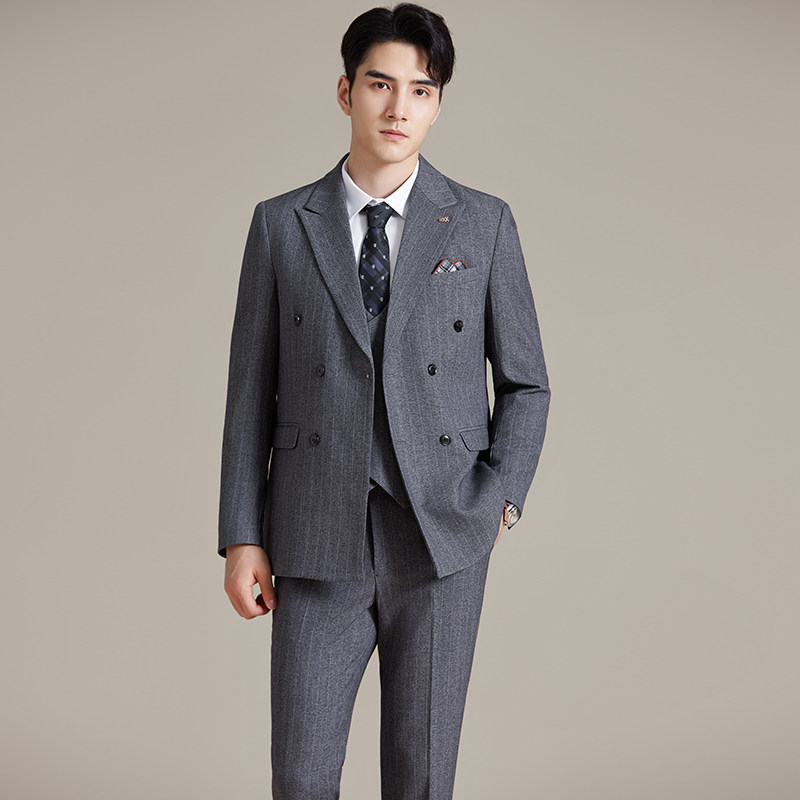 免烫商务条纹新郎伴郎礼服三件套