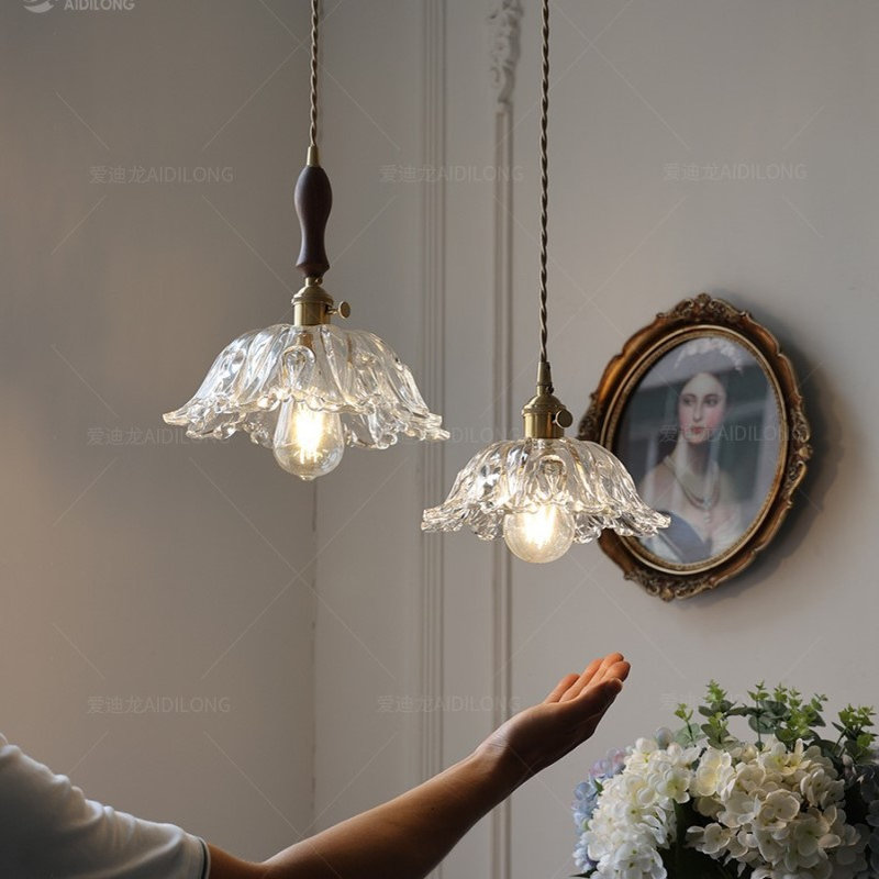 北欧法式花朵玻璃吊灯日式复古胡桃木餐厅吧台民宿床头黄铜灯雪花