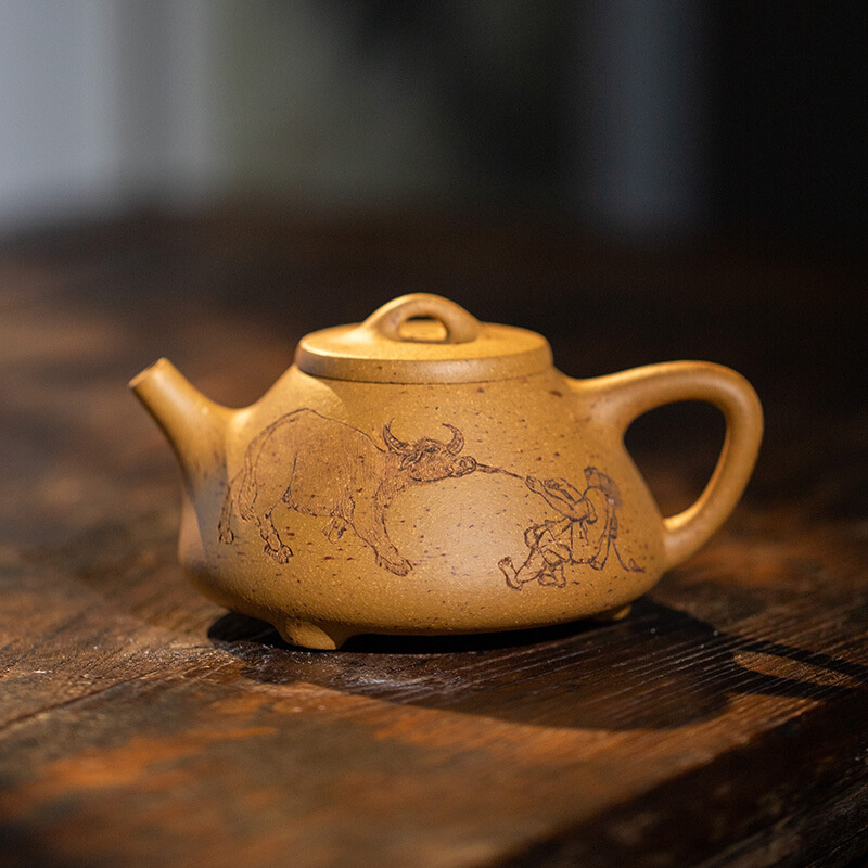 宜兴紫砂茶壶子冶石瓢生肖全手工手刻双国工原矿黄段泥壶手作茶具