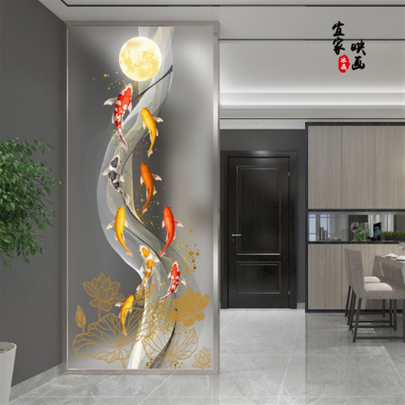 新中式麋鹿家和福贵艺q术玻璃屏风隔断背景墙磨砂透光双面入户玄