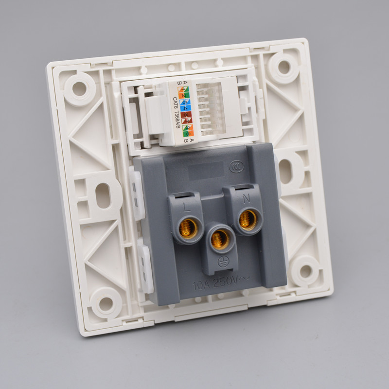 86型墙壁黑色灰色千兆网络6六类屏蔽电脑网线+5五孔电源插座面板