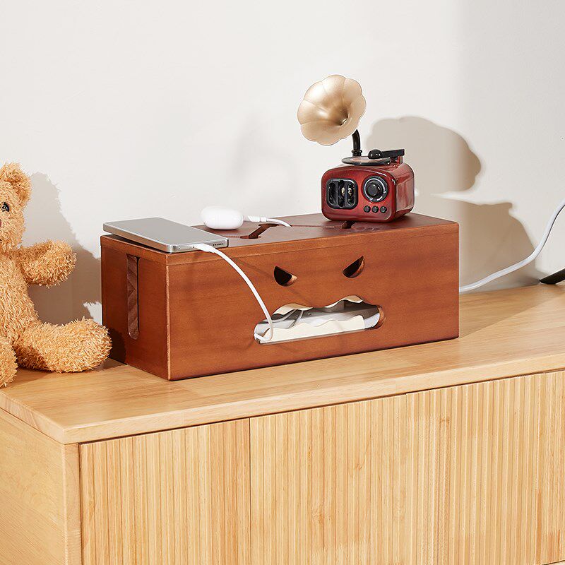 创意复古插线板收纳盒无线路由器置物架实木充电排插数据线隐藏箱