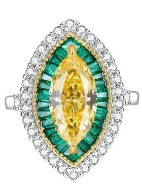 辉之翼珠宝 2023新款925银豪镶6*13mmL高碳钻黄钻时尚百搭女款戒