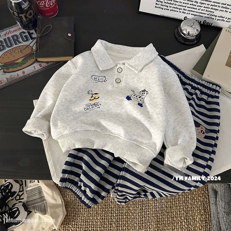 儿童秋装套装2024新款洋气男女童翻领卡通卫衣时T髦条纹裤子两件