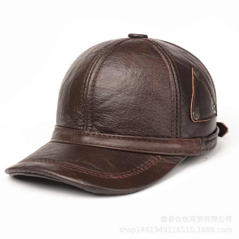 韩版皮帽子男秋冬季保暖牛皮帽子中老年户外夹棉带U护耳真皮棒球