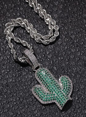 欧美嘻哈实心仙人掌密镶锆石吊坠街头D潮牌Hiphop男士项链一件代