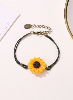 韩版小清新雏菊手链 文艺范皮绳学生手链女 R可爱向日葵复古手环