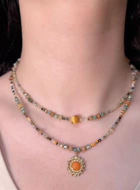 天然石拼接串g珠项链女复古小众原创设计钛钢配件日常百搭中式颈