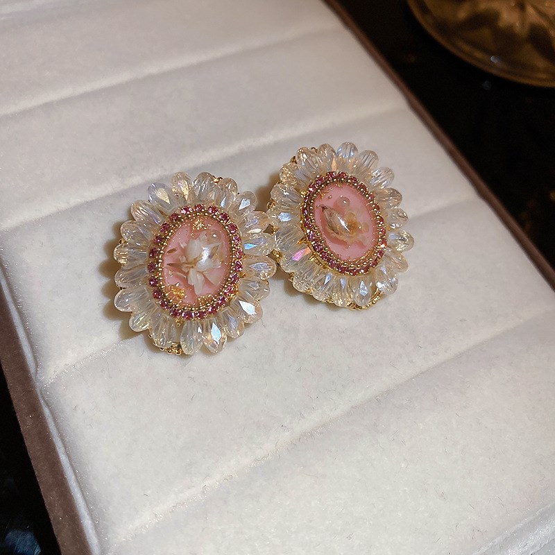 银针花朵镶钻人造水晶款耳环个性夸张设计感耳钉新V款时尚轻奢耳