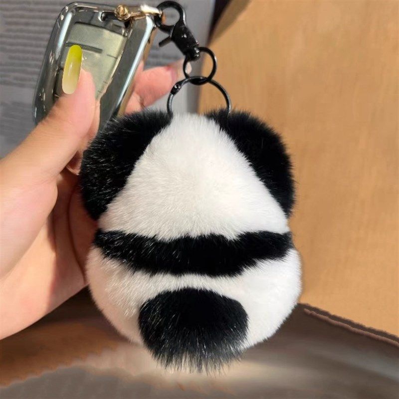 卡通真獭兔d毛花花黑白熊猫挂件毛绒玩偶汽车钥匙扣车挂书包包公