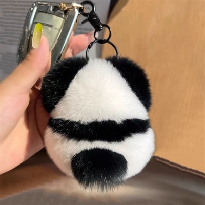 卡通真獭兔d毛花花黑白熊猫挂件毛绒玩偶汽车钥匙扣车挂书包包公