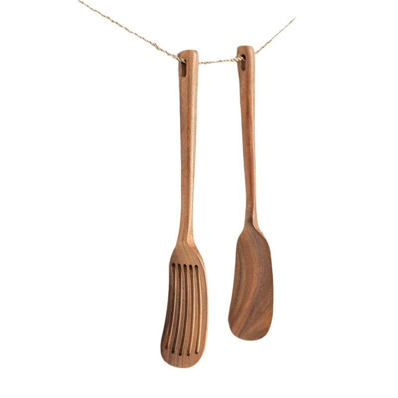 柚木锅铲长柄实木漏m铲相思木家用不粘锅炒菜铲子厨房工具可LOGO