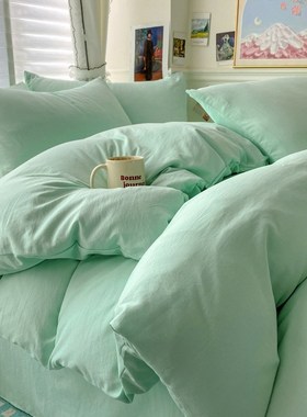 新款inas风纯色双拼水洗棉亲肤磨毛四件套床单被套床笠三件套