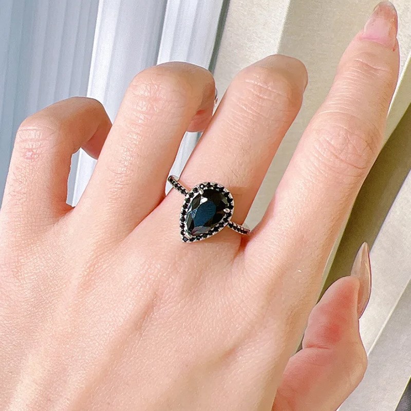 珠宝 欧美新款925银7*11梨形I水滴黑锆石戒指复古简约戒指